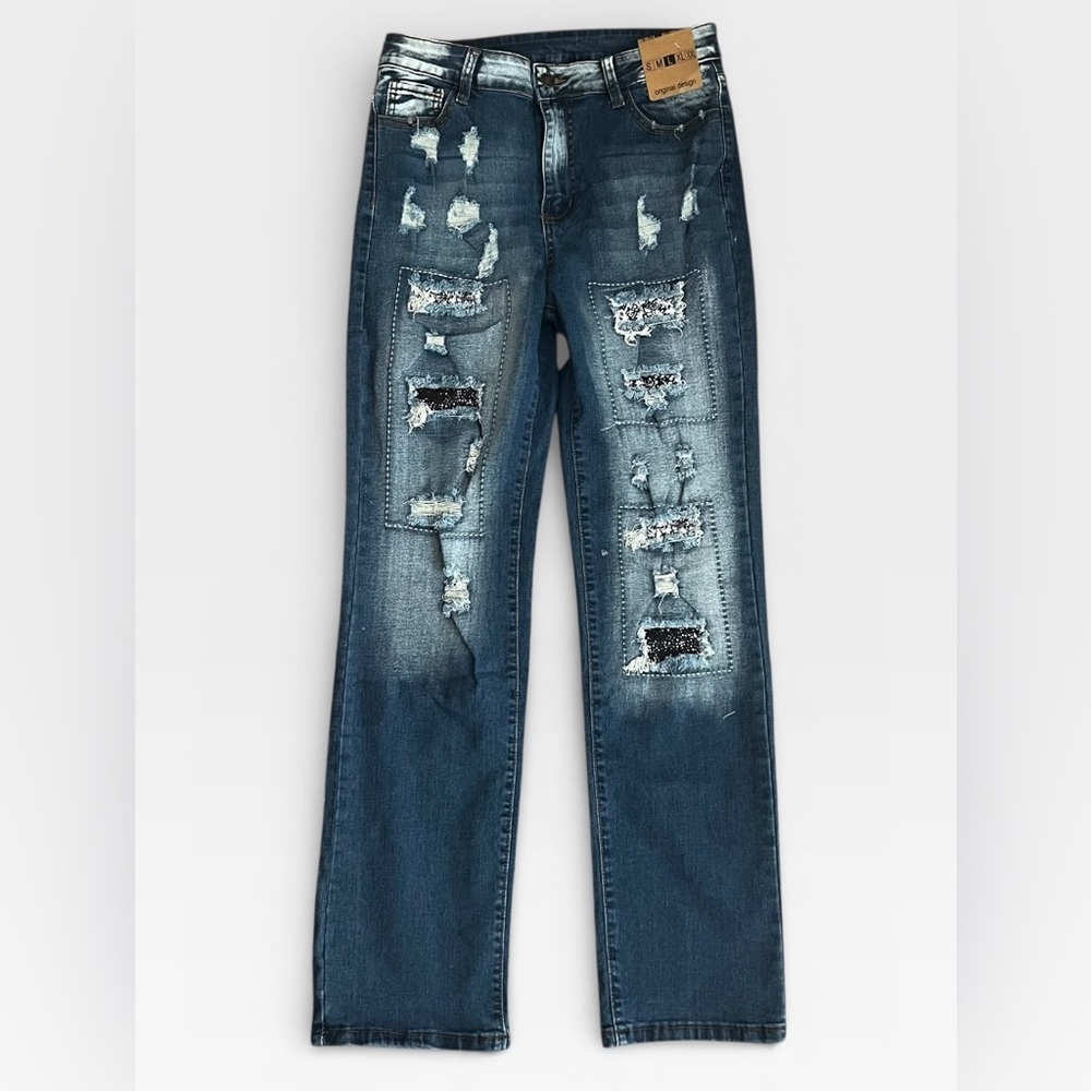 Distressed Patched Blue Jeans - Picture 1 of 6
